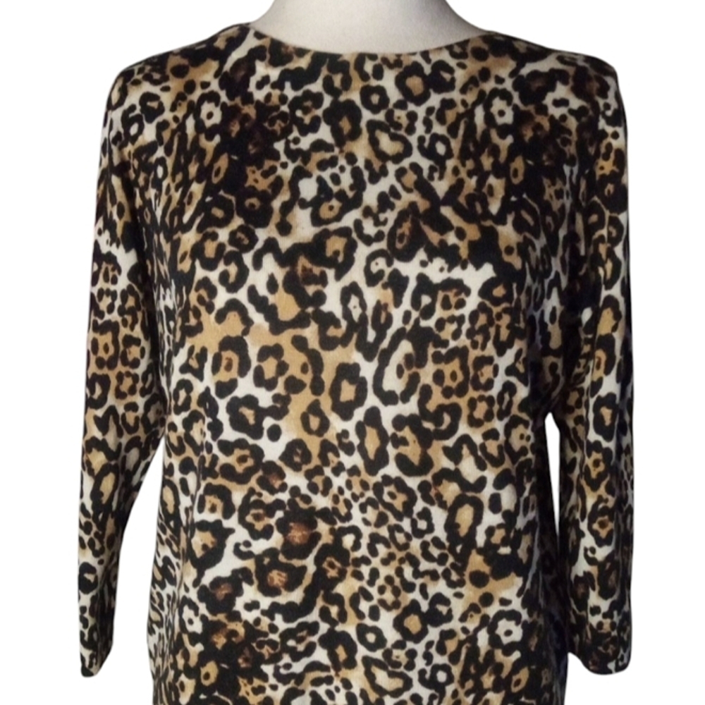 Talbots Leopard Print Audrey Extra Fine Merino Wool Crew Neck Sweater Size X 12P - Picture 3 of 8